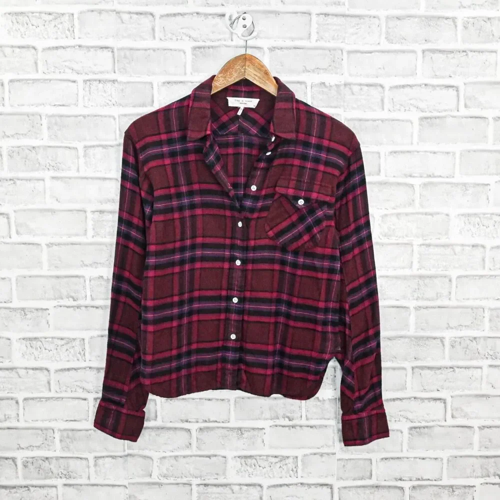 Rag & Bone Women's Jonah Plaid Shirt Cotton Flannel Burgundy Plaid S - Picture 6 of 9